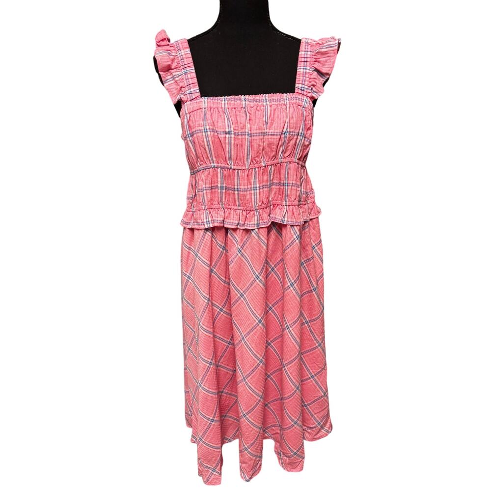 Maisie Plaid Cotton Midi Dress Size M Pink Blue Ruffled Smocked Cottagecore